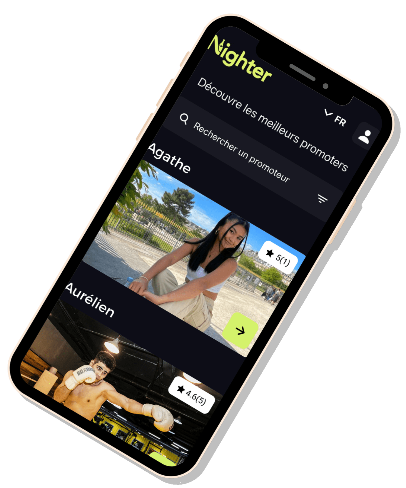 Aperçu de l'application Nighter sur smartphone avec étapes pour trouver un promoteur de soirée
