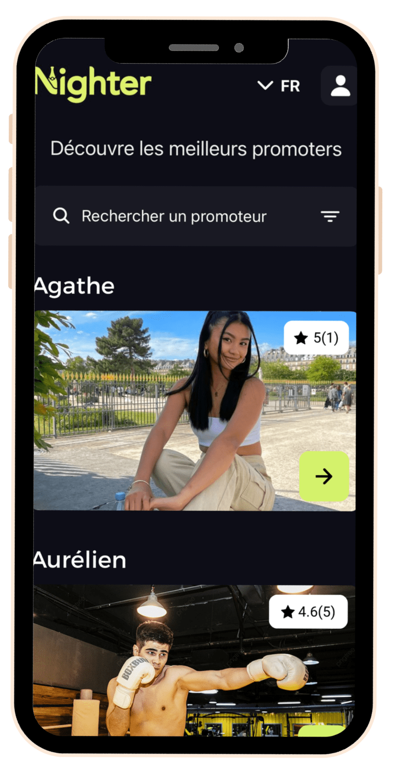 Aperçu de l'application Nighter sur smartphone avec étapes pour trouver un promoteur de soirée
